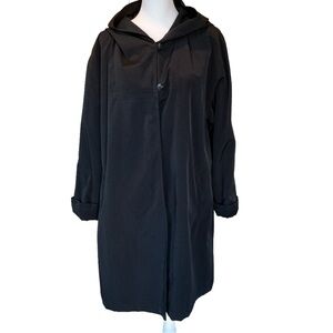 Jones NY Lined Long Black Raincoat Coat Parka with Hood, Red Plaid Lining XL